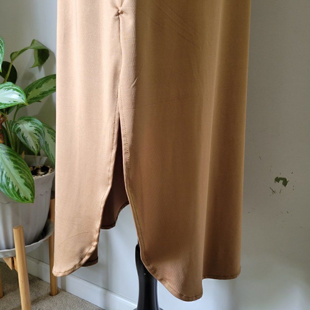 NWT HUSKARY TAN SLIT SIDE MAXI SHIRT DRESS V NECK S/M - Picture 10 of 16